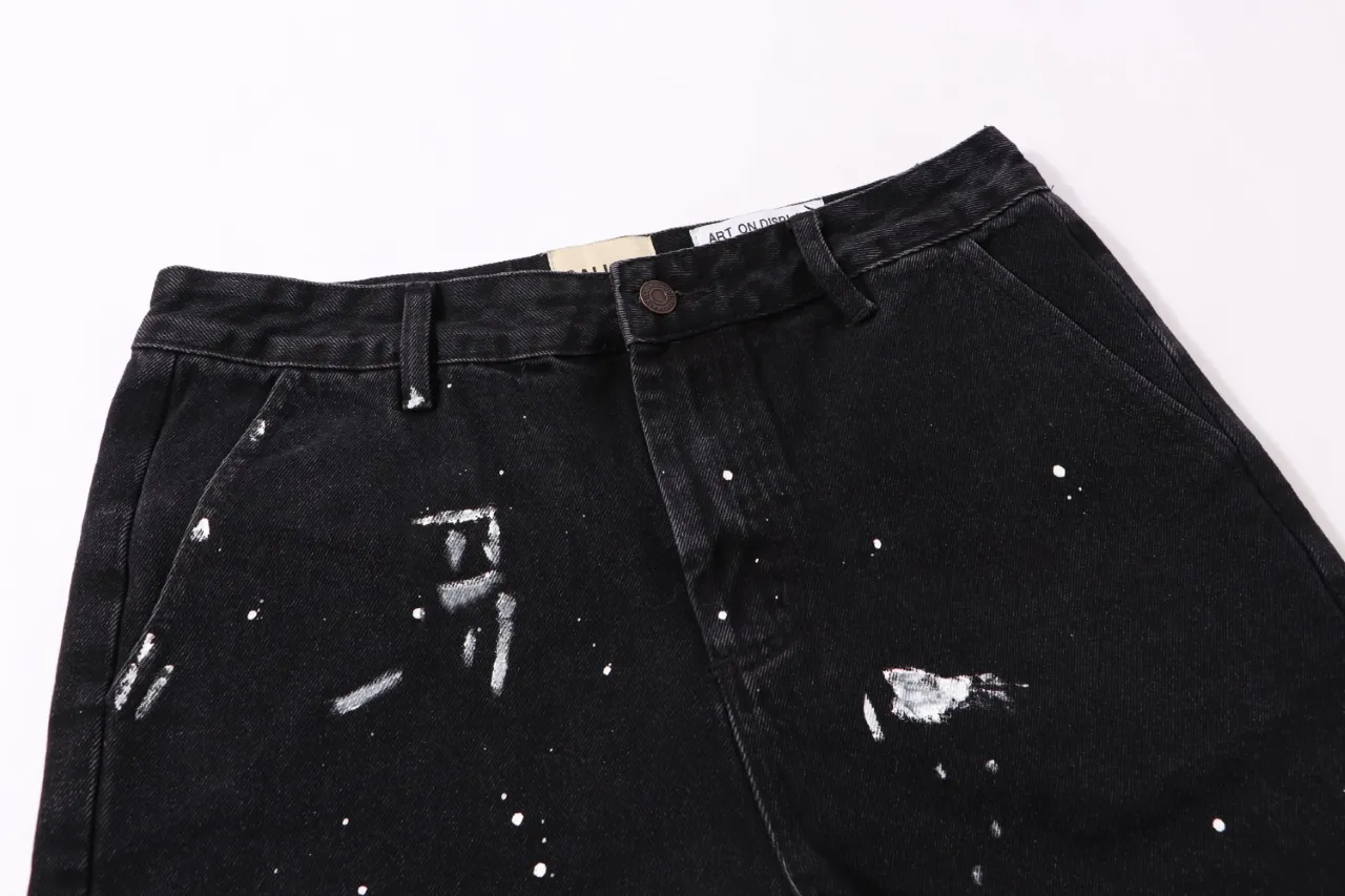667#Gallery Dept New Retro Splash Ink Embroidery Logo Black Denim Shorts Casual Pants Black S~XL p200